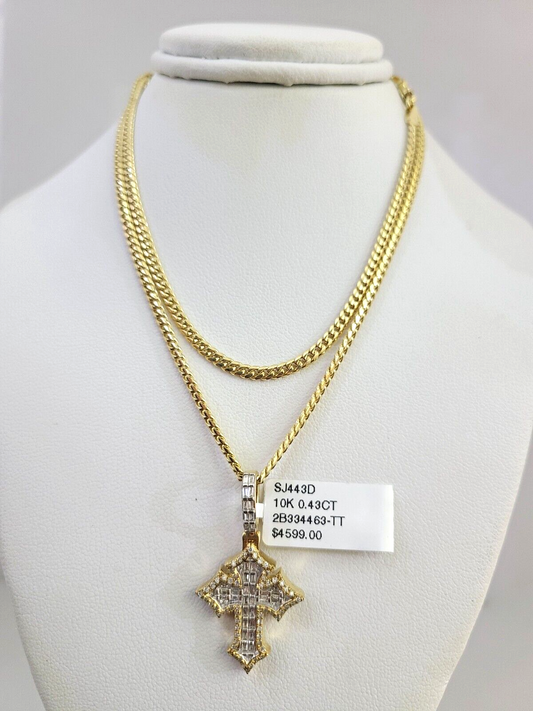 10K Solid Gold Miami Cuban Chain SET Diamond Jesus Cross Charm 18"-26" 2.5mm