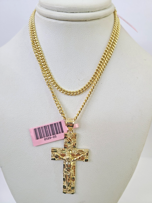 14k Miami Cuban Chain Nugget Cross Charm Pendant 3mm 18"24" inch SET Necklace