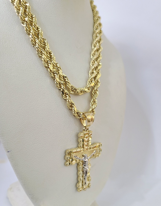Real 10k Rope Chain Jesus Cross Charm Necklace Pendant Set 5mm 18"-28" Gold