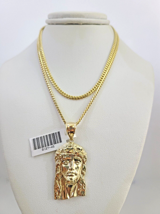 10K Solid Gold Miami Cuban Chain SET Jesus Head Pendant Charm 18"-26" 2.5mm