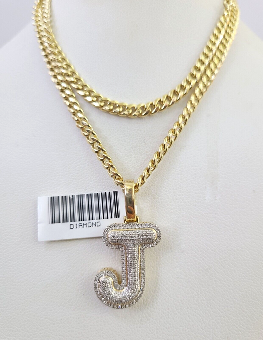 10k Miami Cuban Chain Diamond J Initial Charm Set 4mm 18"-28" Necklace Gold