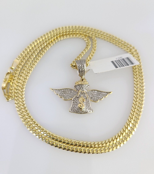 10K Solid Gold Miami Cuban Chain SET Diamond Money Bag Wing Charm 18"-26" 2.5mm