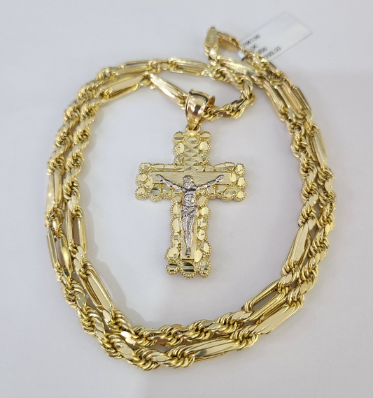 10k Milano Rope Chain Jesus Cross Charm Necklace SET 5mm 18"-28" Pendant