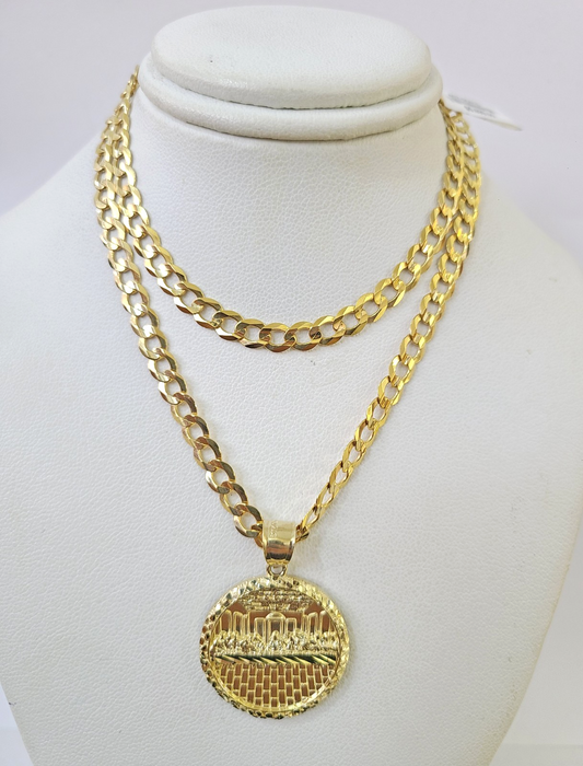 10k Gold Chain Last Supper Nugget Pendant Cuban Curb Link 5mm 18"-28" Inch SET