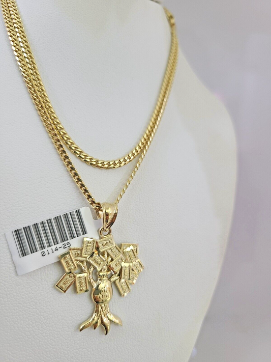 10K Solid Gold Miami Cuban Chain Money Tree Pendant Charm 18"-26" 2.5mm SET