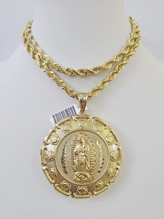 Real 10k Solid Rope Chain Jesus Virgin Mary Charm Set 6mm 20"-30" Inch Necklace