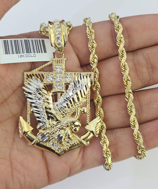 10k Solid Rope Chain Eagle Anchor Charm Set 4mm 18"-30" Necklace Gold Pendant