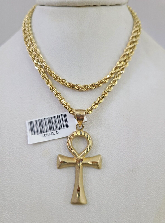 10k Solid Rope Chain Ankh Cross Pendant 18"-28" Gold Set Charm Necklace 3mm