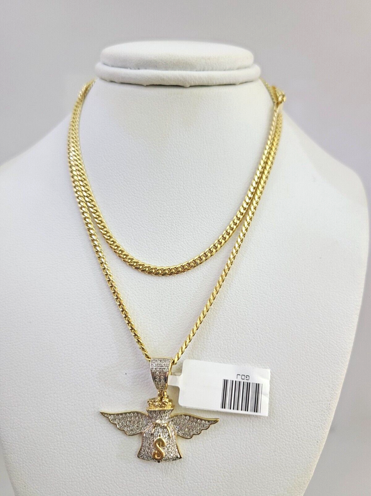 10K Solid Gold Miami Cuban Chain SET Diamond Money Bag Wing Charm 18"-26" 2.5mm