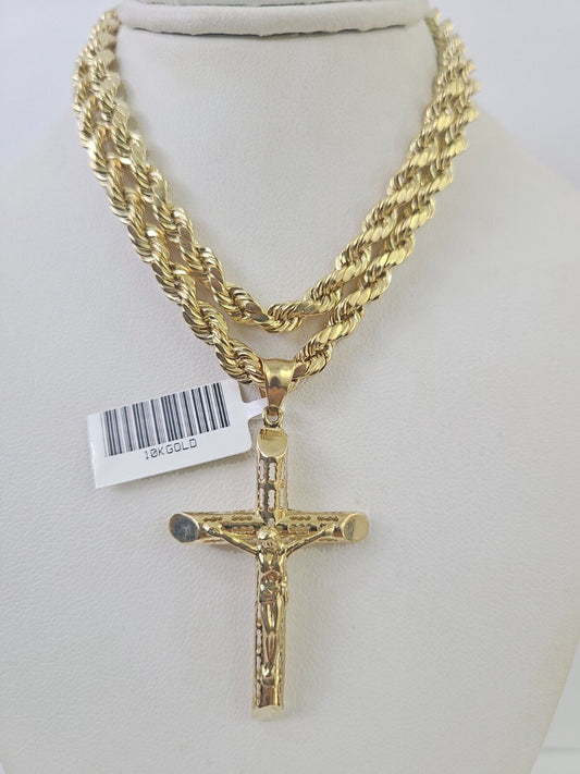 Real 10k Gold Rope Chain Cross Charm Pendant Set Necklace 5mm 20"-30"