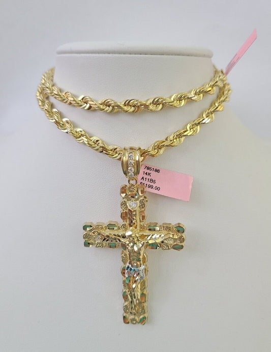 Real 14k Solid Rope Chain Jesus Cross Charm Set 6mm 18"-30" Necklace Gold