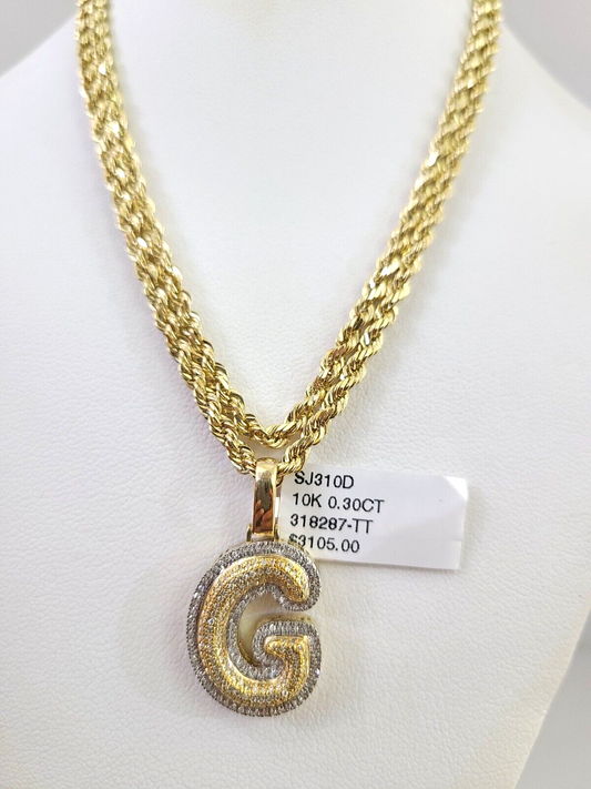 10k Solid Rope Chain G Initial Pendant Diamond Necklace 20"-28" Gold Set 3mm