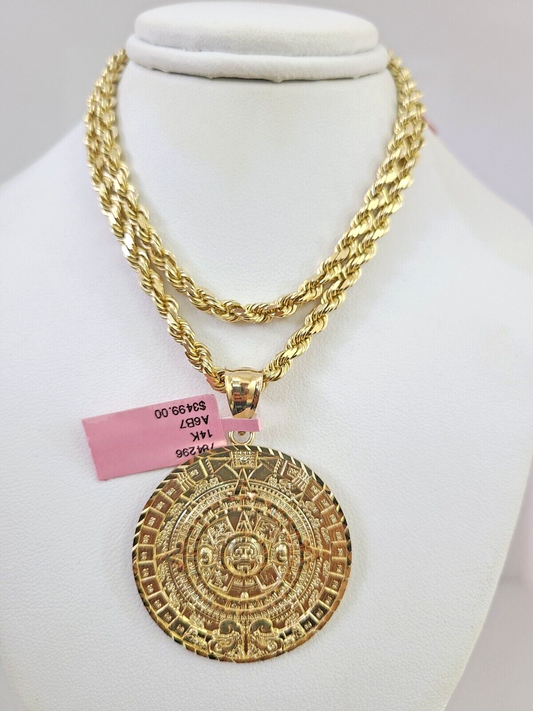 Real 14k Solid Rope Chain Mayan Calendar Charm Gold Set 4mm 18"-30" Necklace