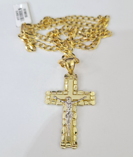 10k Gold Chain Cuban Curb Jesus Cross Charm Pendant Link 5mm 18"-28" Inch SET