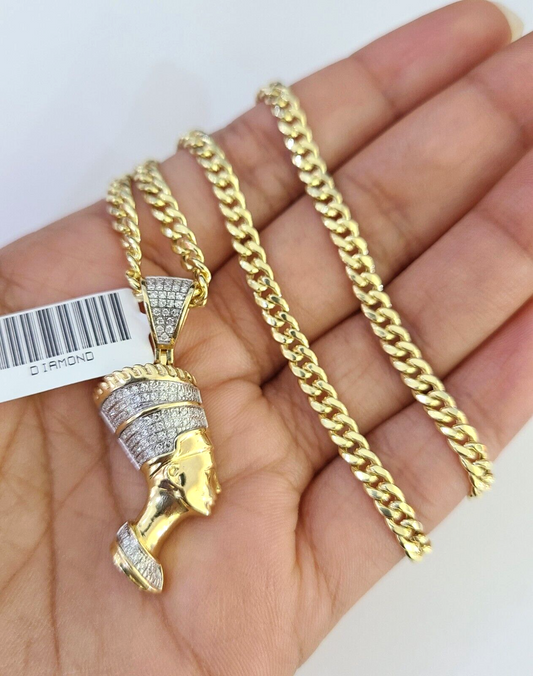 10k Miami Cuban Chain Diamond Egypt Queen Charm Set 4mm 18"-28" Necklace Gold