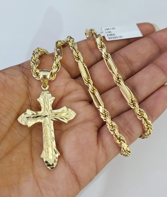 10k Milano Rope Chain Jesus Cross Charm Necklace SET 5mm 18"-28" Pendant