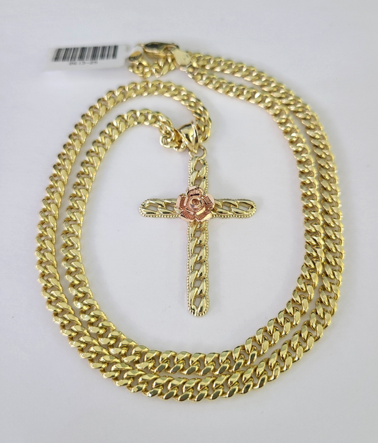 10k Jesus Cross Charm Miami Cuban Chain Pendant Set 5mm 18"28" Necklace Gold