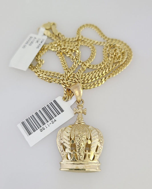 10K Solid Gold Miami Cuban Chain 2.5mm Imperial Crown Charm SET 18"-24" Pendant