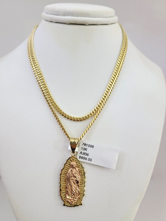 10K Solid Gold Miami Cuban Chain Virgin Mary Pendant Charm 18"-26" 2.5mm SET