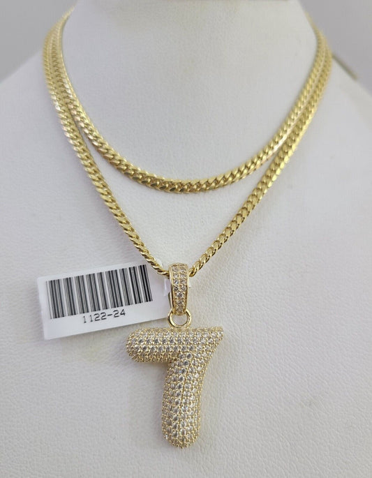 10K Solid Gold Miami Cuban Chain 2.5mm Number 7 Seven Charm SET 18"-24" Pendant
