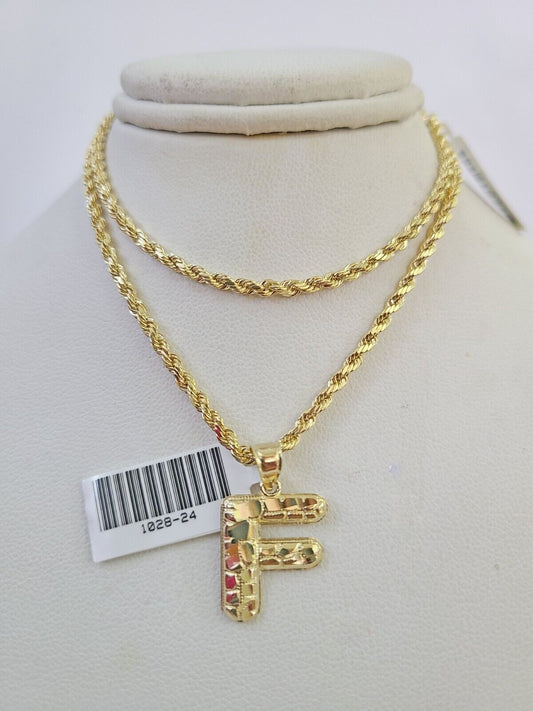 10k Gold Initial F Charm Rope Chain 16"-26" 2.5mm SET Necklace Alphabet Pendant