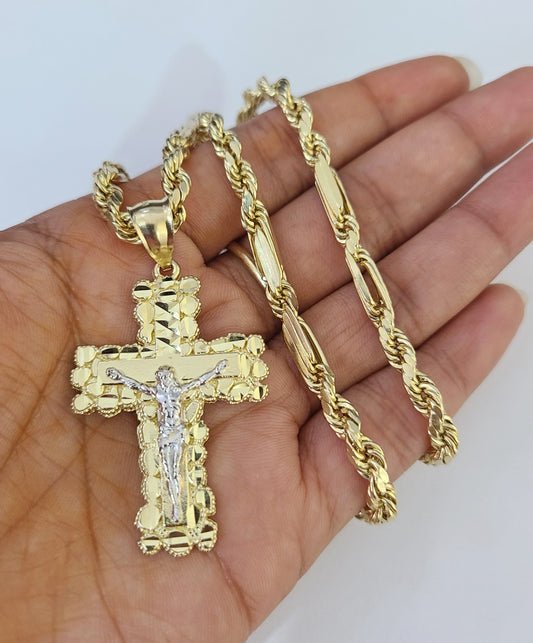 10k Milano Rope Chain Jesus Cross Charm Necklace SET 5mm 18"-28" Pendant