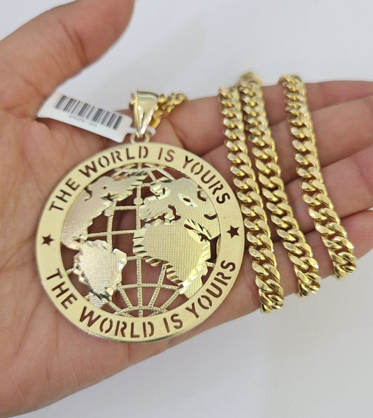 10K Miami Cuban Link Chain World is Yours Pendent Charm 6mm 20"-30" Necklace