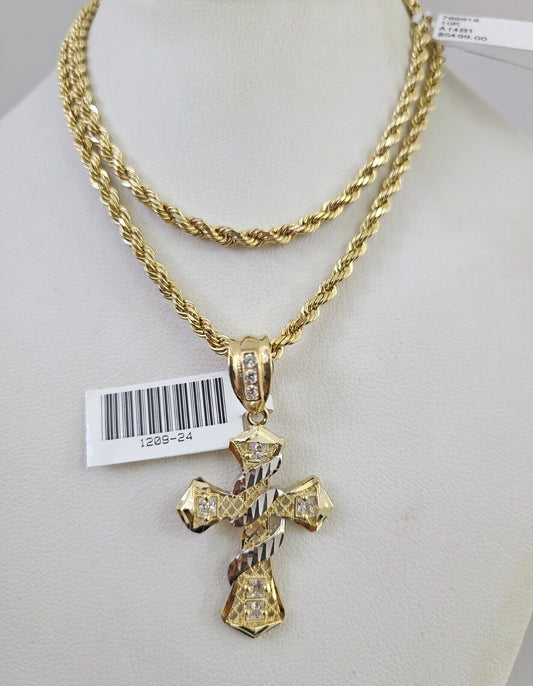 10k Solid Rope Chain Spiral Cross Pendant 18"-28" Gold Set Charm Necklace 3mm