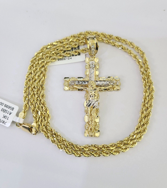 10k Solid Rope Chain 3mm Jesus Cross Pendant Charm Necklace SET 18-26 in