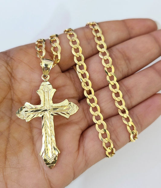 10k Gold Chain Jesus Cross Charm Pendant Cuban Curb Link 5mm 18"-28" Inch SET