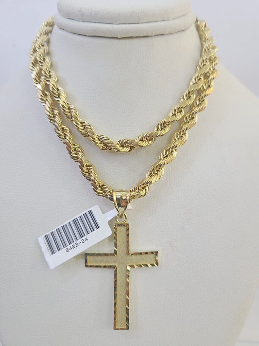 Real 10k Gold Rope Chain Cross Charm Pendant Set Necklace is 5mm 20"-30"