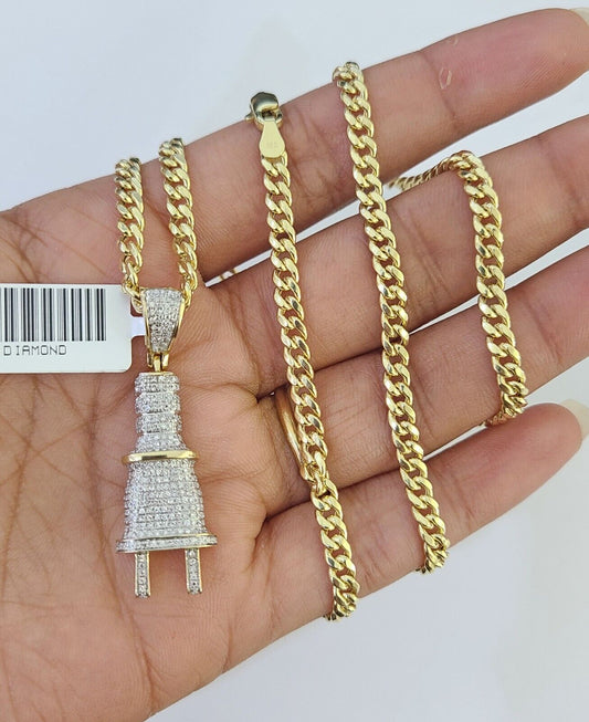 10k Miami Cuban Chain Plug Socket Charm Diamond Set 4.5mm 20"-28" Necklace Gold