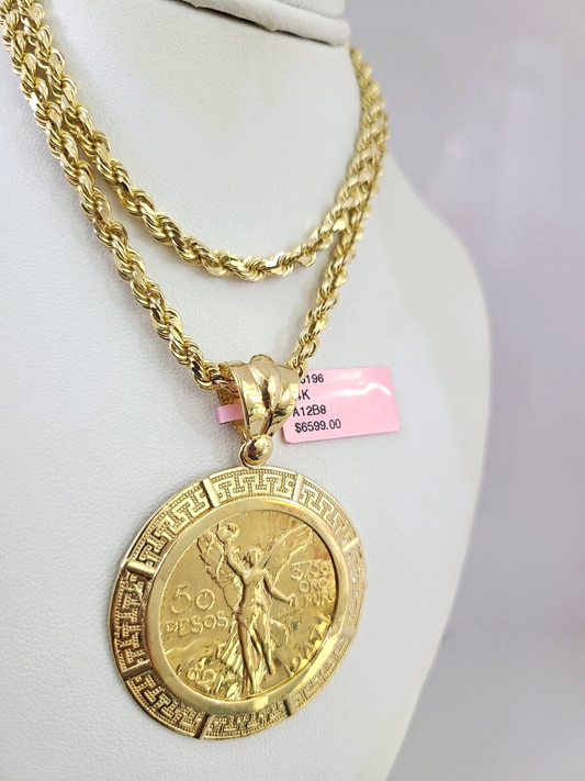 Real 14k Solid Rope Chain 50 Pesos Charm Gold Set 4mm 18"-30" Necklace Pendant