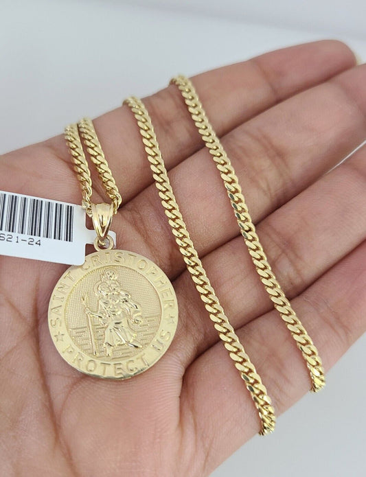 10K Solid Gold Chain Miami Cuban Saint Cristopher Pendant 2.5mm SET 18"-24"