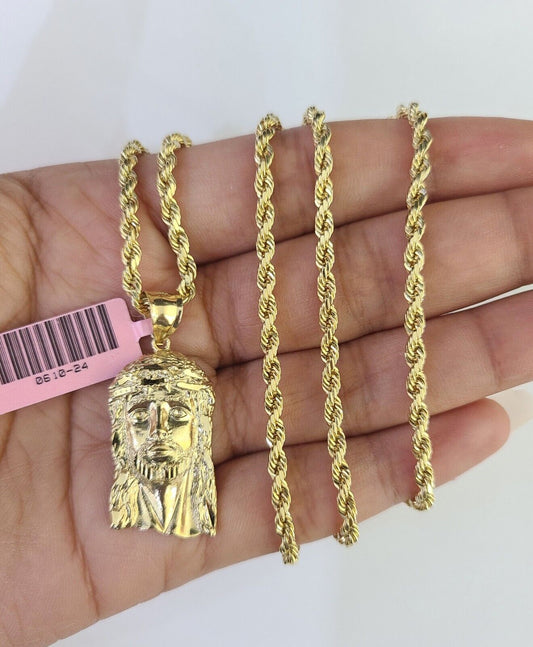 Real 14k Rope Chain Jesus Head Charm Set Yellow Gold 3mm 18-30" Necklace Pendant