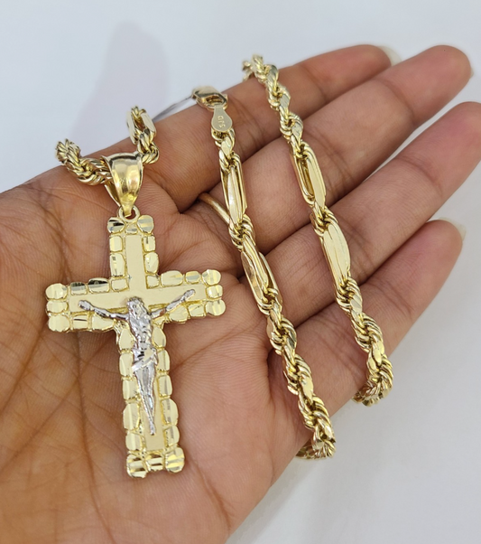 10k Milano Rope Chain Jesus Cross Charm Necklace SET 5mm 18"-28" Pendant