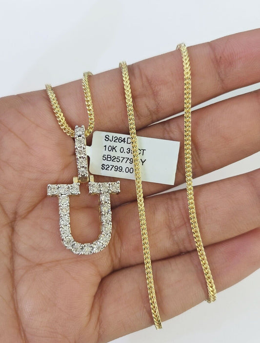 10K Franco Chain Diamond U Pendant Initial Charm Letter Necklace 18"-24" 1.5mm