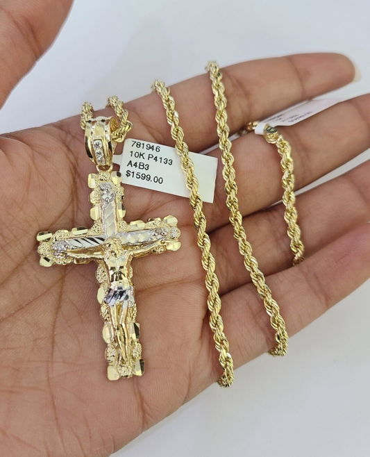 10k Solid Rope Chain 3mm Jesus Cross Pendant Charm Necklace SET 18-26 in
