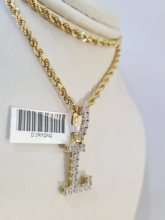10k Rope Chain L Diamond Initial Charm Necklace Pendant Set 2mm 18"-24" Gold