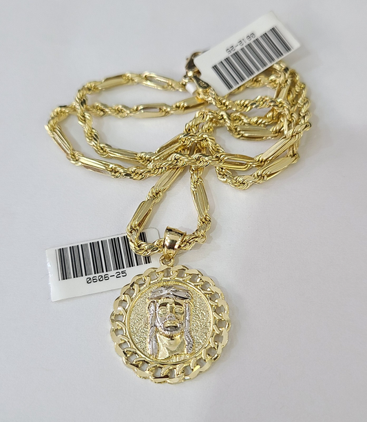 10k Milano Rope Chain Jesus Head Charm Necklace SET 3mm 18"-26" Pendant