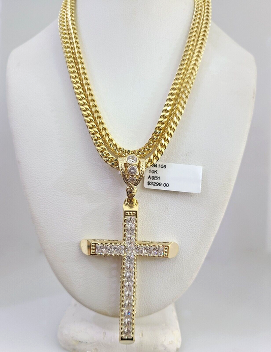 10K Franco Chain Jesus Cross Pendant Charm 20"-28" 4mm Gold SET Necklace
