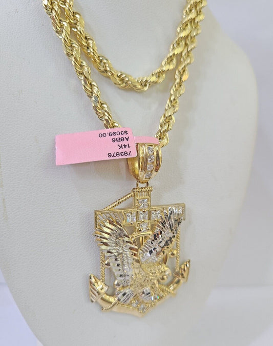 Real 14k Yellow Gold Rope Chain Ankh Cross Charm Set Link 5mm 20-26 Inch Necklace