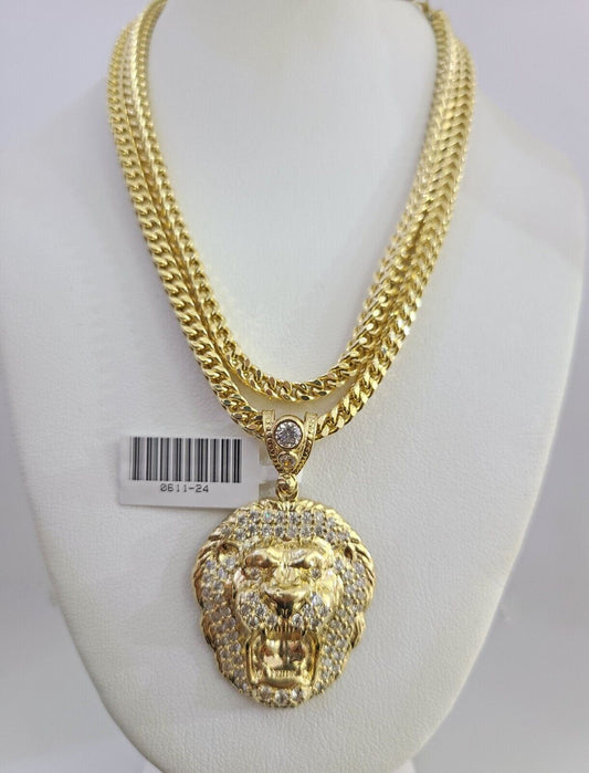 10K Franco Chain Roaring Lion Pendant Charm 20"-28" 4mm Gold SET Necklace Yellow
