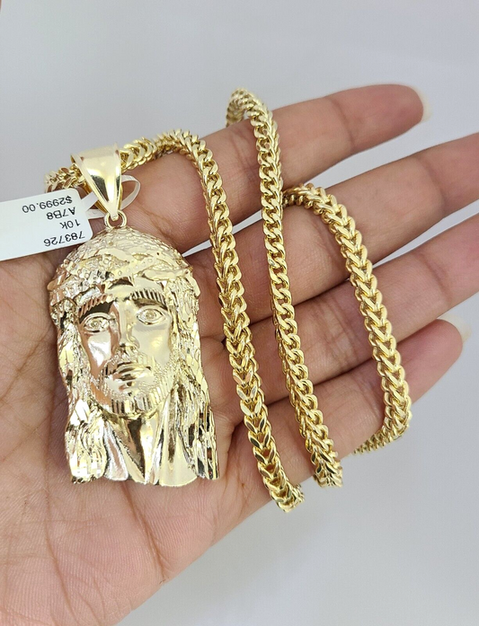 10K Franco Chain Necklace Jesus Head Pendant Charm 20"-28" 4mm Yellow Gold SET