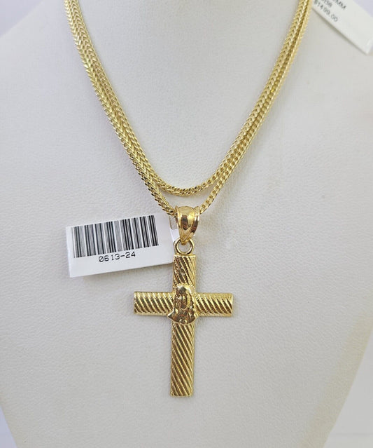 10K Franco Chain Jesus Cross Pendant Charm Necklace 16"-24" 2mm Gold SET Yellow