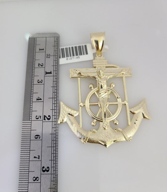 10K Franco Chain Necklace Jesus Anchor Pendant Charm 20"-28" 4mm Yellow Gold SET