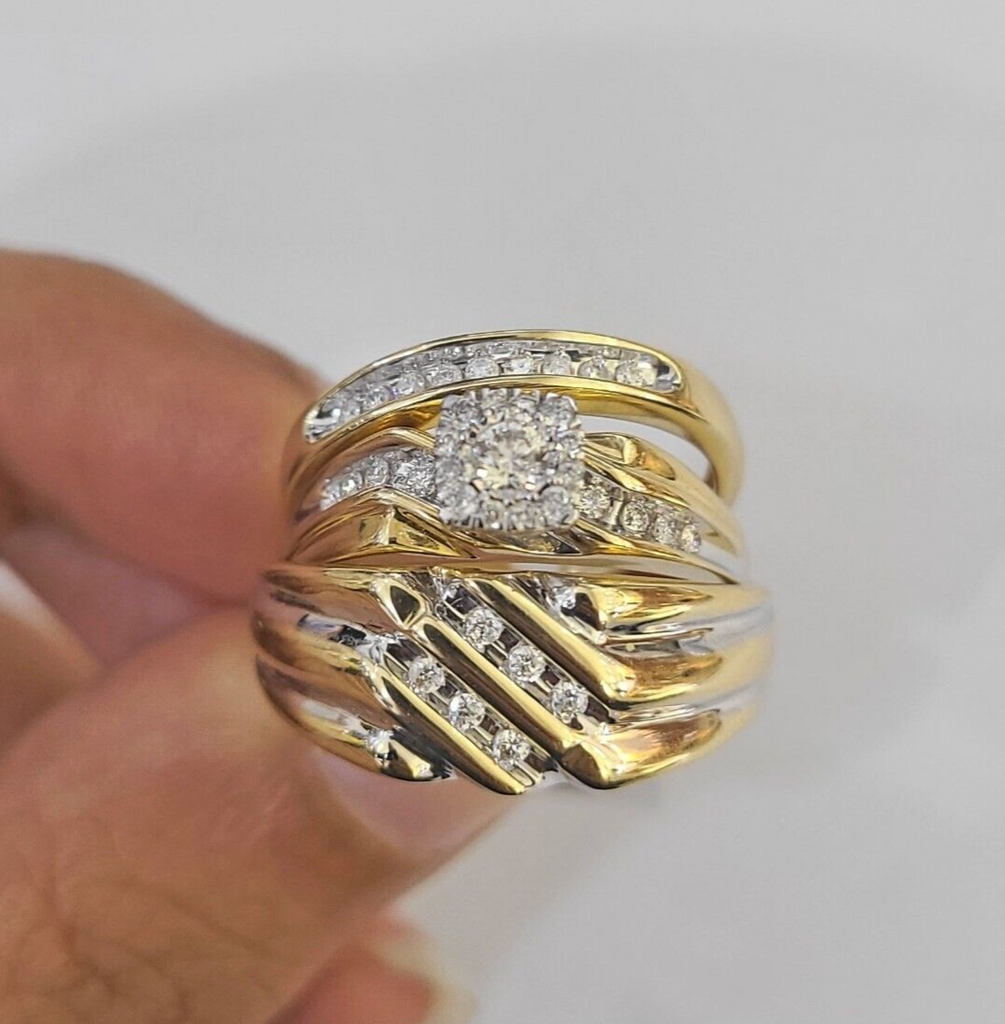 REAL 14k Diamond Ring Yellow Gold Ladies Men Trio SET Wedding Engagement Genuine
