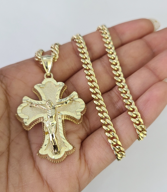 10k Crucifix Cross Charm Miami Cuban Chain Pendant Set 5mm 18"28" Necklace Gold