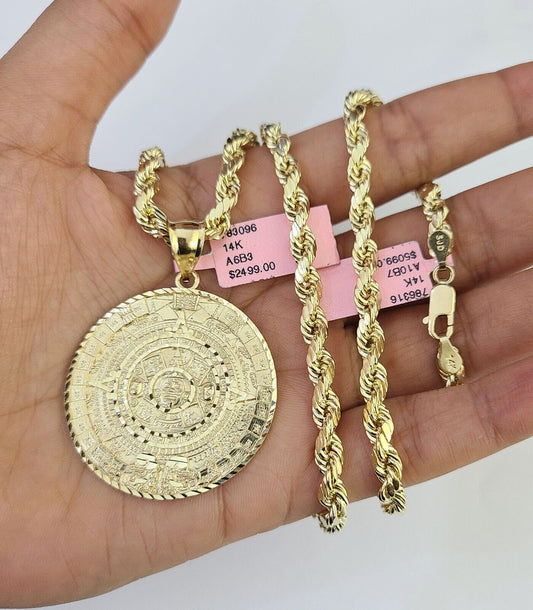 Real 14k Rope Chain Mayan Calendar Charm Yellow Gold Set 5mm 20"-30" Necklace