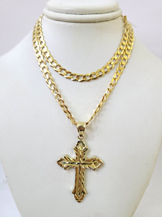 10k Gold Chain Jesus Cross Charm Pendant Cuban Curb Link 5mm 18"-28" Inch SET